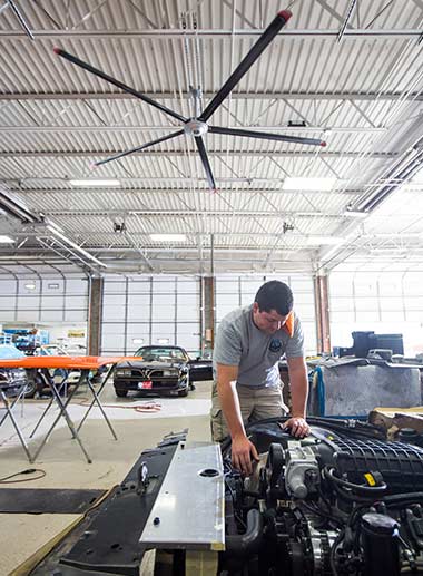 HVLS fan in automotive bodyshop.